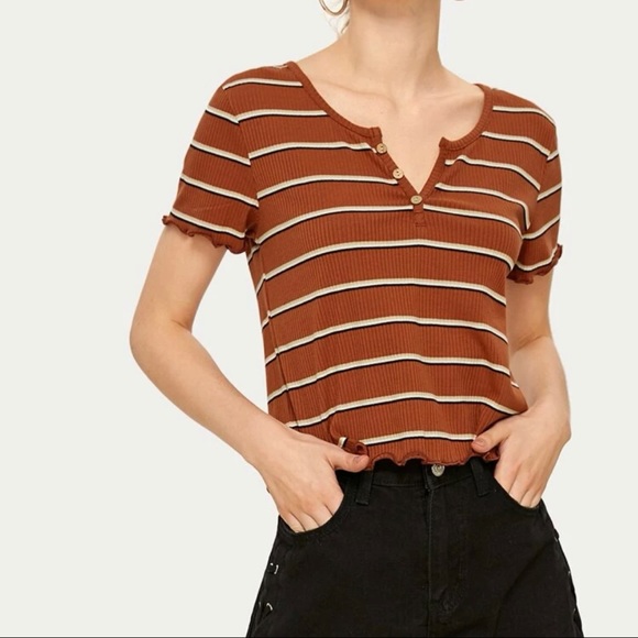Notched Neck Striped Ribbed Tee - Picture 3 of 3